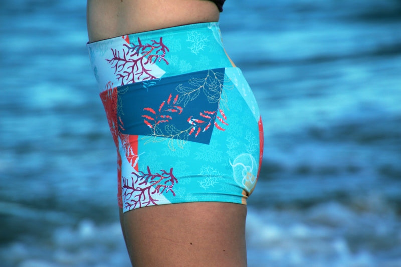 Eco Friendly Second Skin Reversible High Waisted Swim Short In Ocean Patchwork/ Magenta Purple - Anowi Surfwear