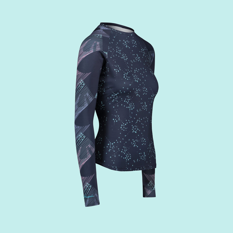 Second Skin Eco Friendly Rash Guard For Women With +50 UPF in Navy Geoluminescence - Anowi Surfwear