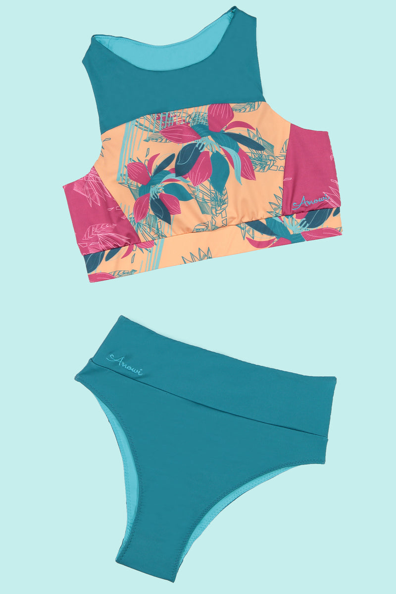 Beach 67 Full Coverage Eco Friendly Swim Bikini Top With +50 UPF in Peach Tropical Rhapsody - Anowi Surfwear