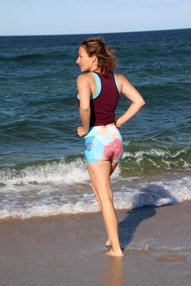 Eco Friendly Second Skin Reversible High Waisted Swim Short In Ocean Patchwork/ Magenta Purple - Anowi Surfwear