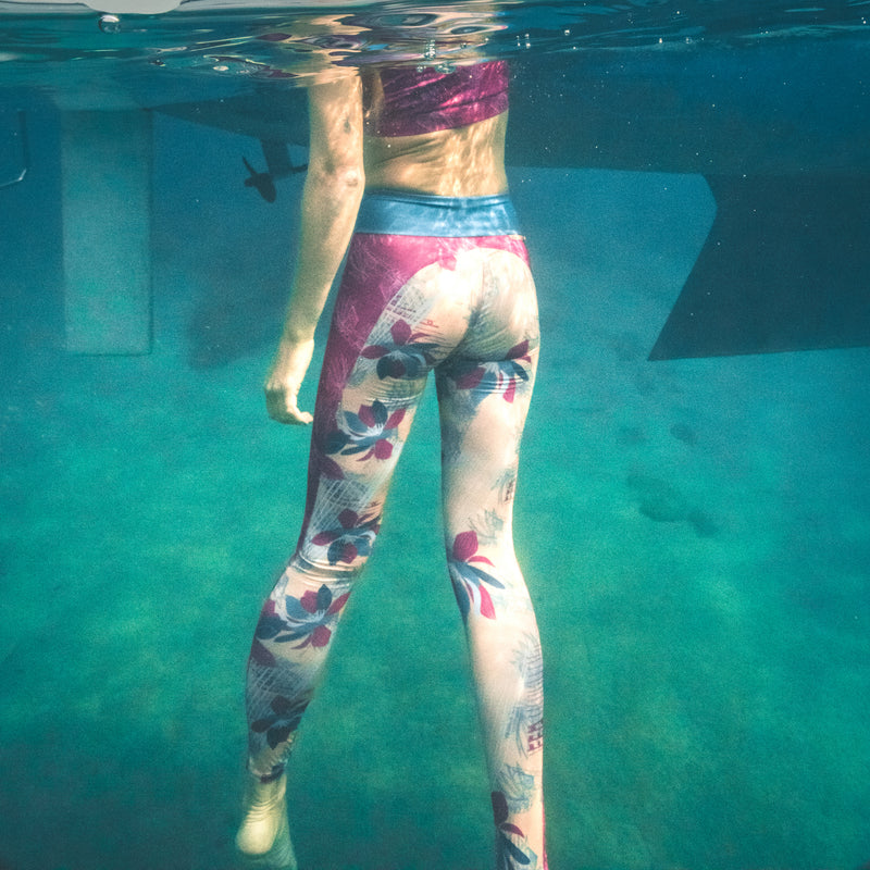 Eco Friendly Second Skin Swim & Surf Leggings in Peach Tropical Rhapsody With +50 UPF - Anowi Surfwear