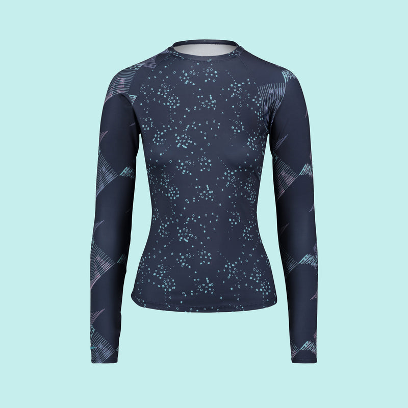 Second Skin Eco Friendly Rash Guard For Women With +50 UPF in Navy Geoluminescence - Anowi Surfwear