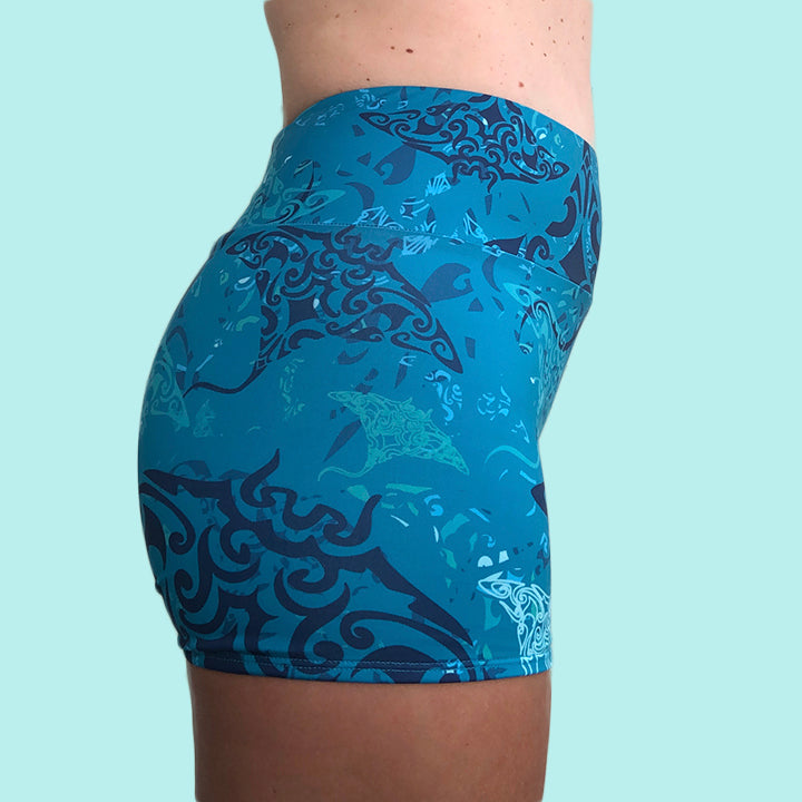 Eco Friendly Second Skin Reversible High Waisted Swim Short +50 UPF in Teal Manta Ray Camo - Anowi Surfwear