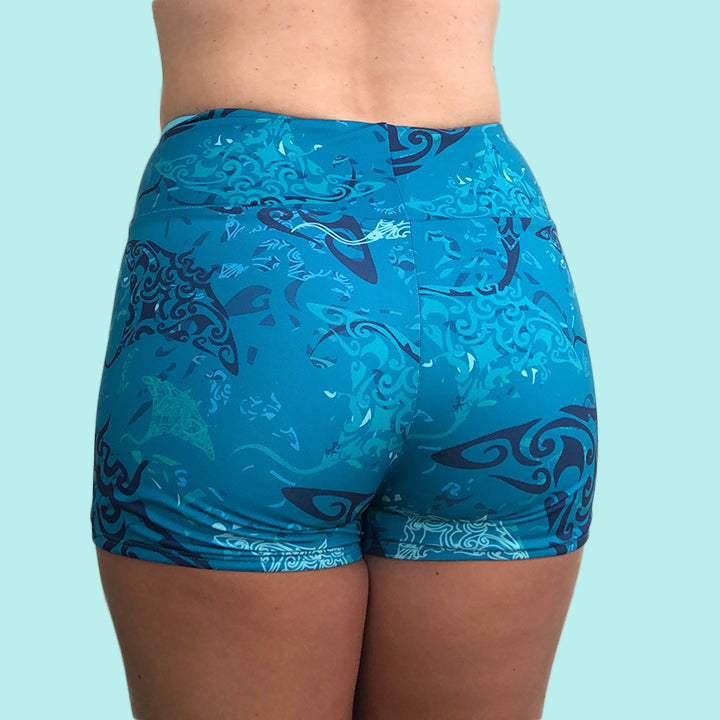 Eco Friendly Second Skin Reversible High Waisted Swim Short +50 UPF in Teal Manta Ray Camo - Anowi Surfwear
